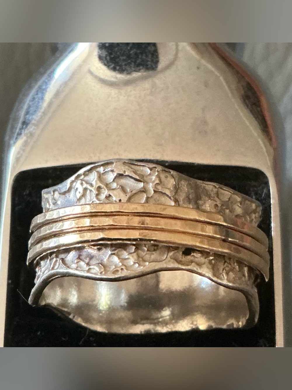 Sterling Silver Hammered Band Ring with Gold Accent